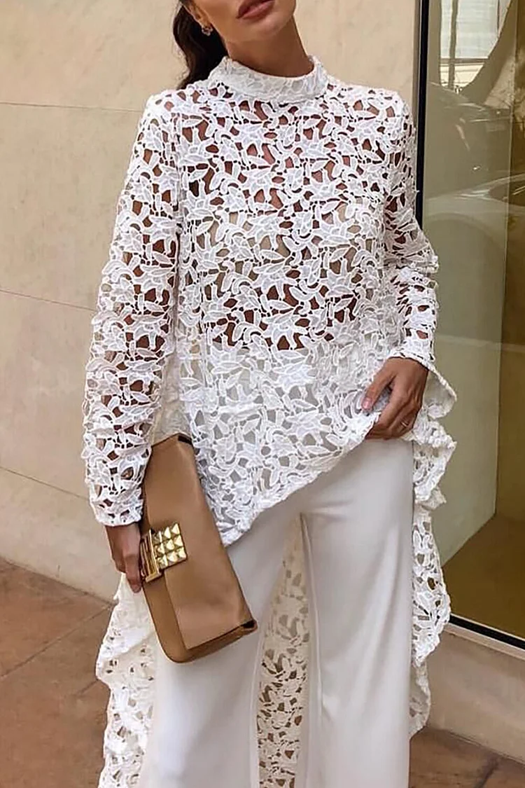 Jacquard Hollow Out Long Sleeve Stand Collar See Through High-Low Top-White