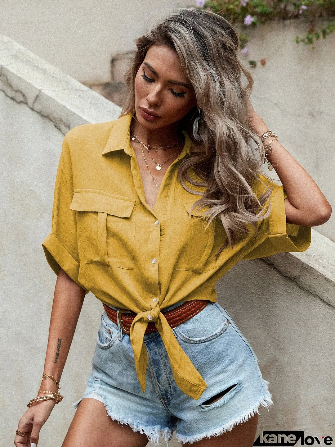Cropped Tie Front Short Sleeve Shirt