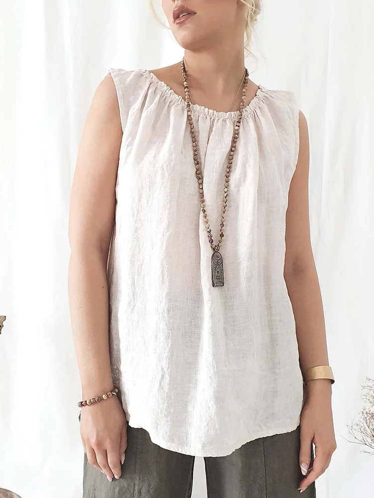 Womens Crew Neck Pleated Loose Tank Top