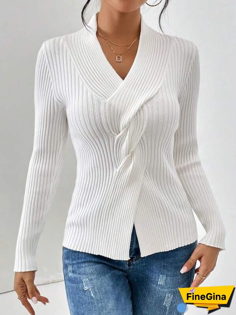 White Plain V-Neck Long Sleeve Sweater