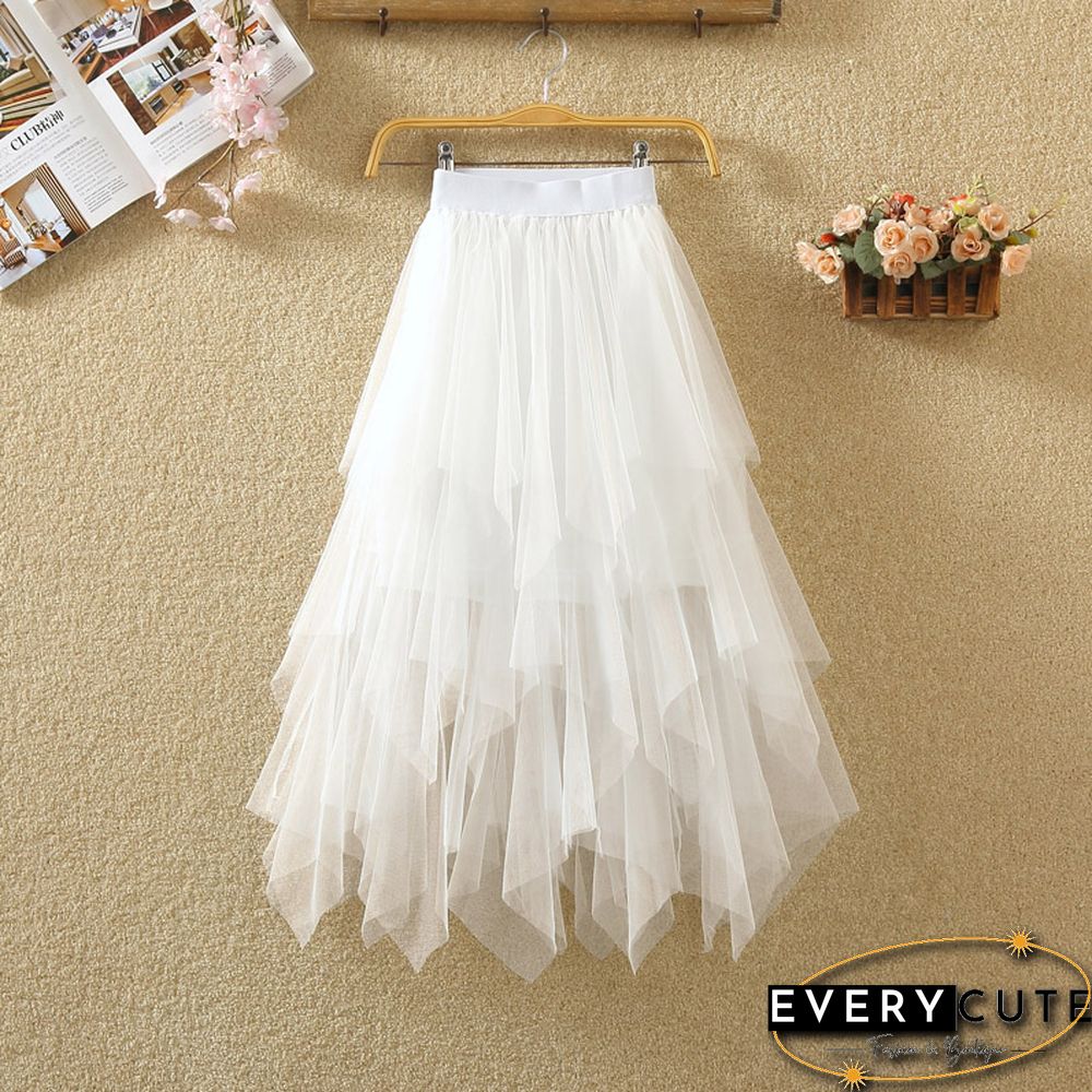 Women Irregular Tulle Skirts Fashion Elastic High Waist Mesh Tutu Skirt Pleated Long Skirts Midi Skirt Saias Faldas Jupe Femmle