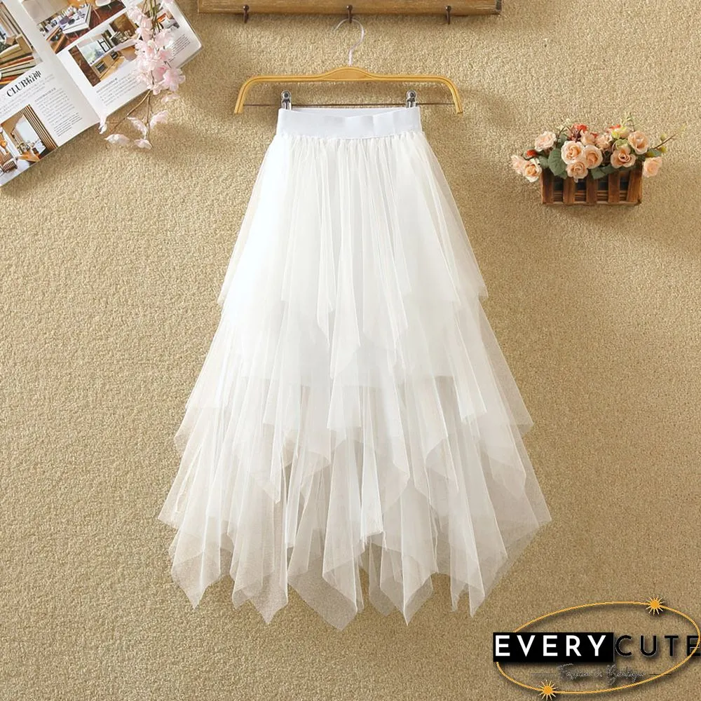 Women Irregular Tulle Skirts Fashion Elastic High Waist Mesh Tutu Skirt Pleated Long Skirts Midi Skirt Saias Faldas Jupe Femmle