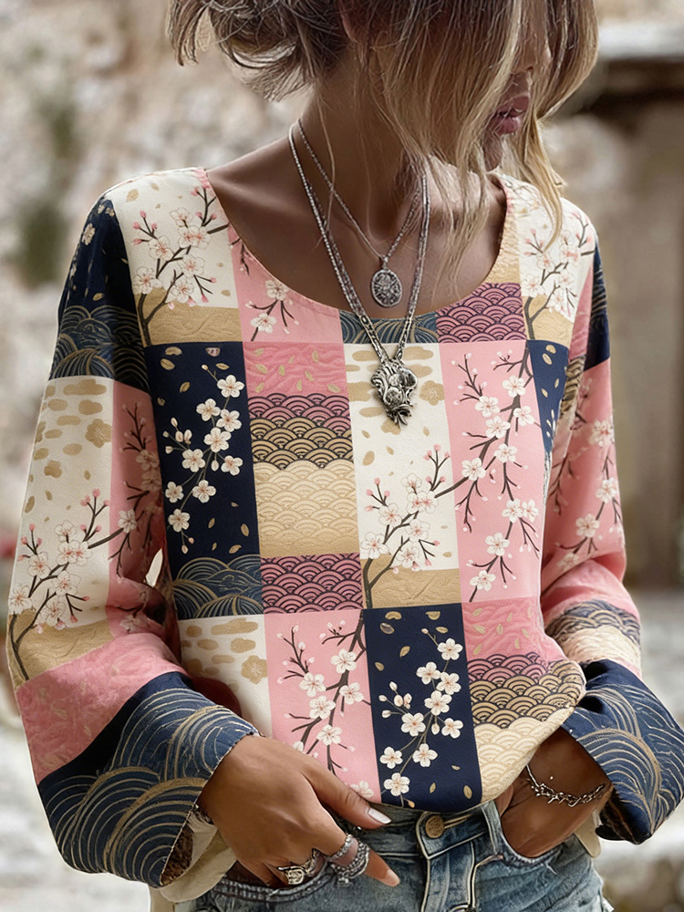 Vintage Japanese Inspired Patchwork Art Linen T Shirt wearshes