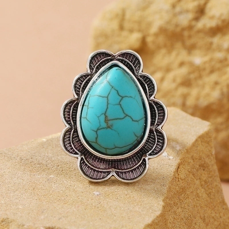 Classical Ethnic Style Water Droplets Alloy Inlay Turquoise Women’s Open Ring