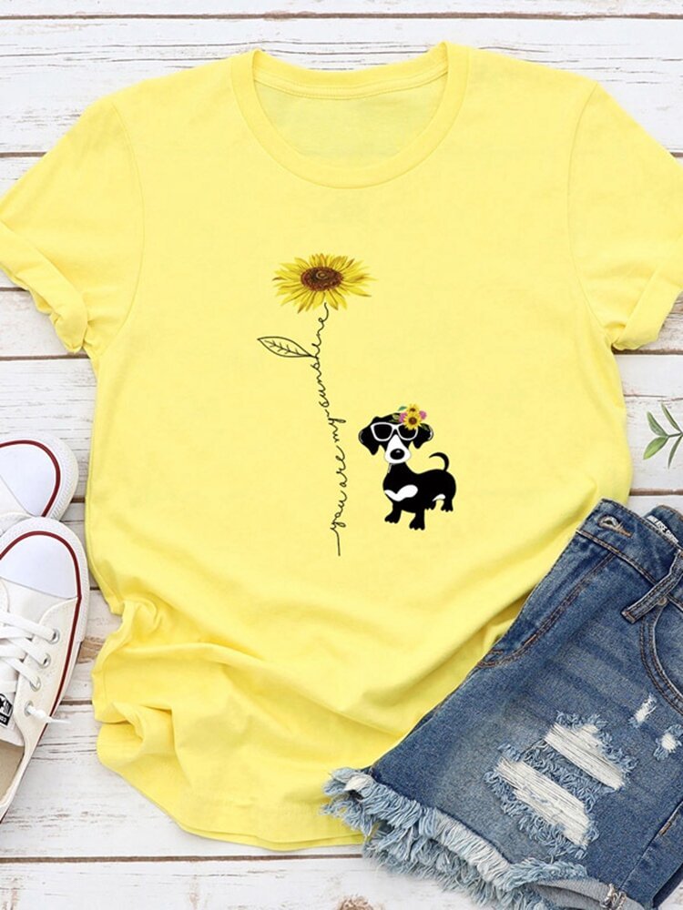 Cartoon Dog Flower Print Short Sleeve T shirt For Women P1671235