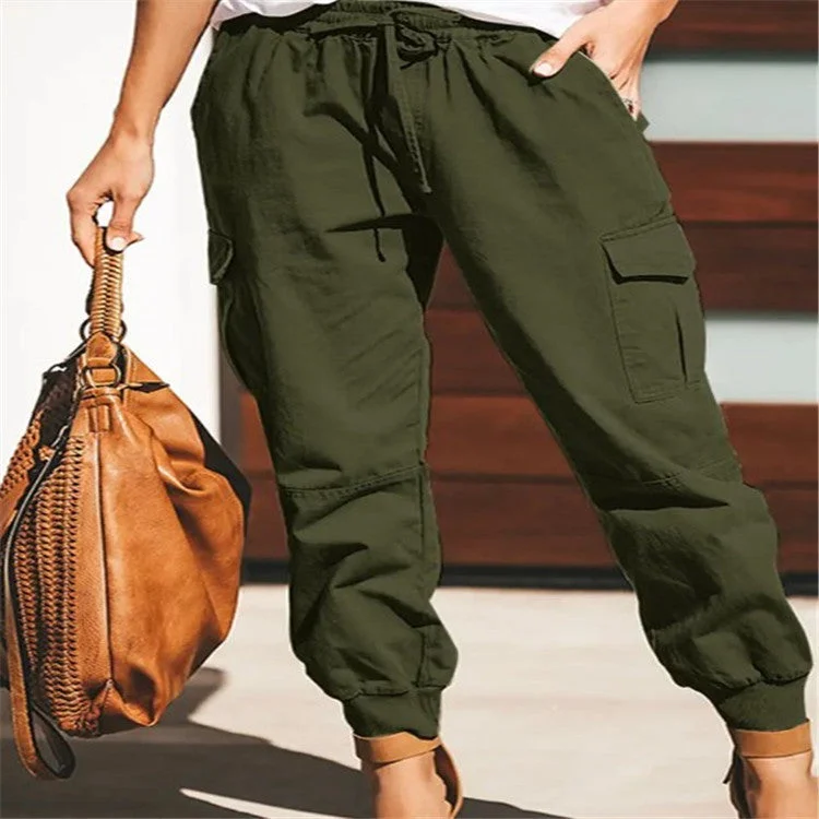 Uveng Solid Color Casual Fashion Pocket Lace-up Pants