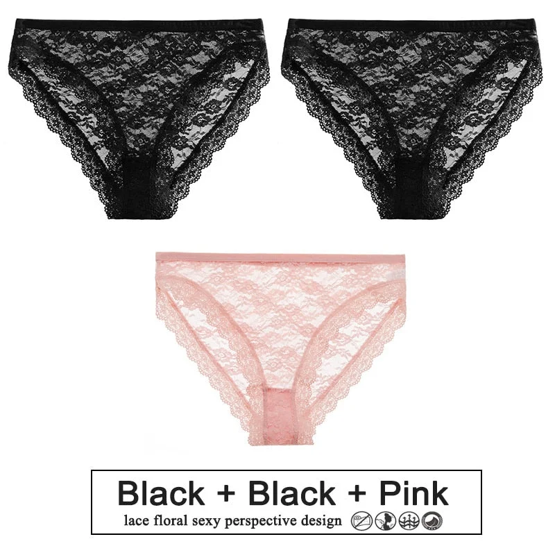3PCS/Set Perspective Panties Sexy Women Underwear Floral Lace Panties Female Lingerie Briefs for Woman Intimate Pantys Plus Size