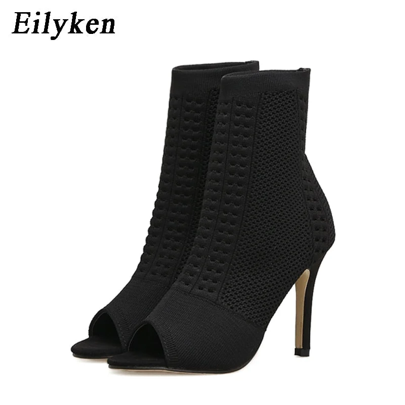 Eilyken Spring Autum New Design Women Ankle Boots Peep Toe Knitted Stretch Fabric Boots Sexy Cut-Out Thin High Heels Shoes Woman