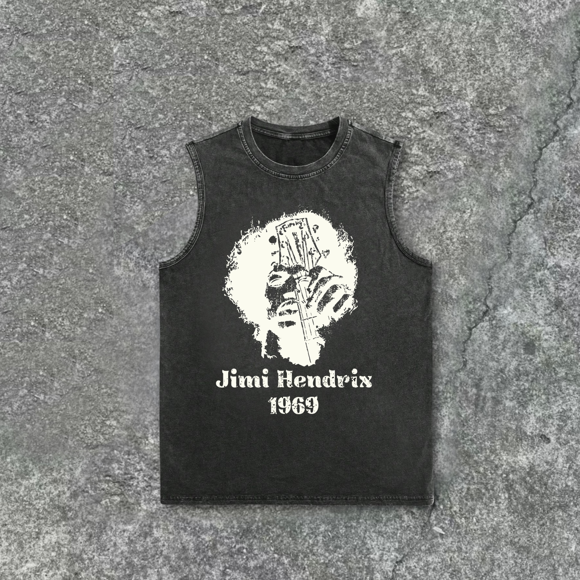Music & Singer Portrait-Jimi Hendrix-Graphics Print Pattern Acid Washed Tank Top