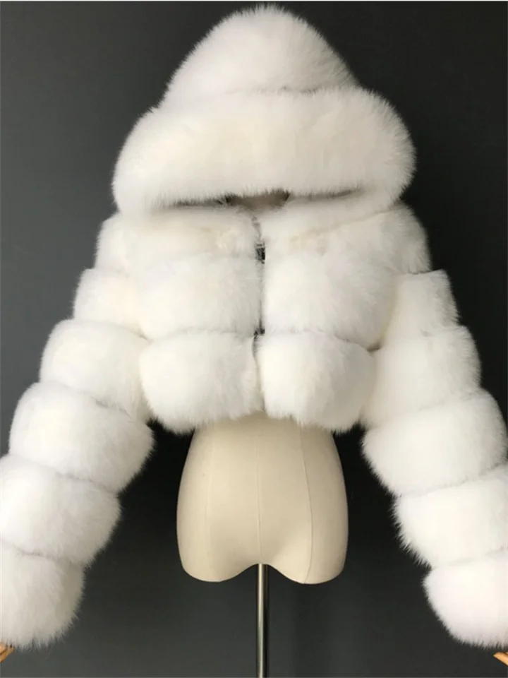 Women's Fur Coat Faux Fur Coat Hoodie Jacket Wedding Daily Outdoor clothing Fall Winter Short Coat Slim Casual Faux Leather Jacket Long Sleeve Solid Color Fur Light Pink Sapphire Navy