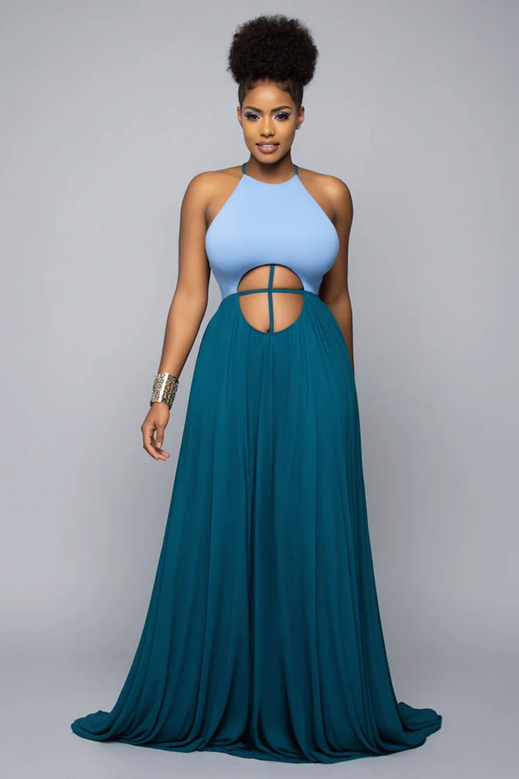 Colorblock Cutout Sleeveless Floor-Length Party Maxi Dresses-Blue [Pre Order]