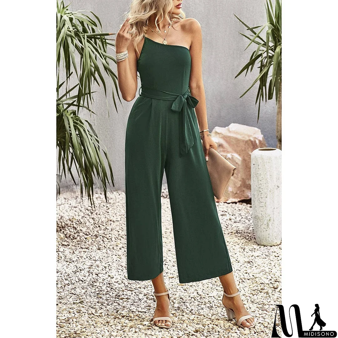 MidiSono - One Shoulder Belt Knot High Waist Jumpsuit