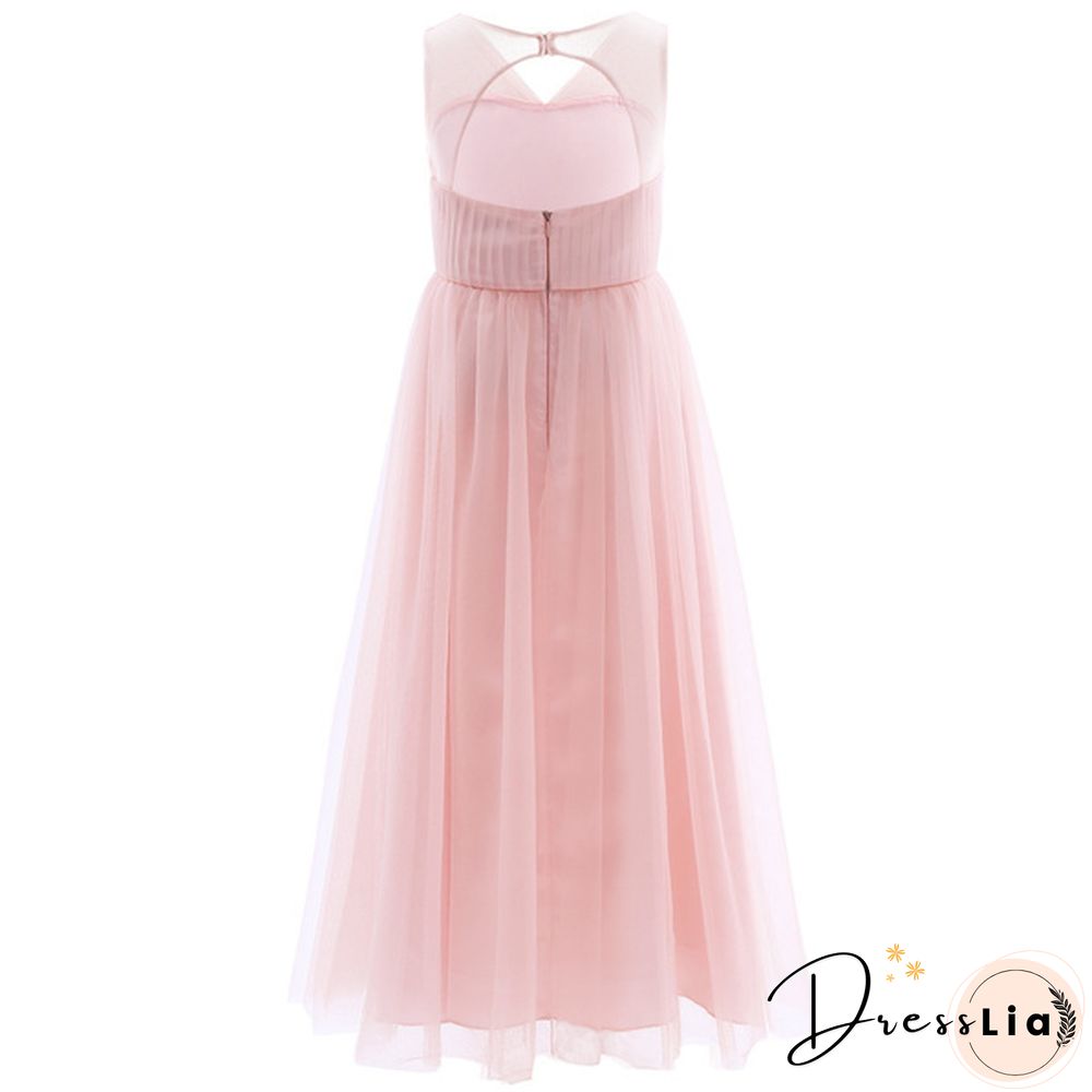 Girls Cutout Back Mesh Splice Sleeveless Flower Girl Junior Bridesmaid Dress Dance Party