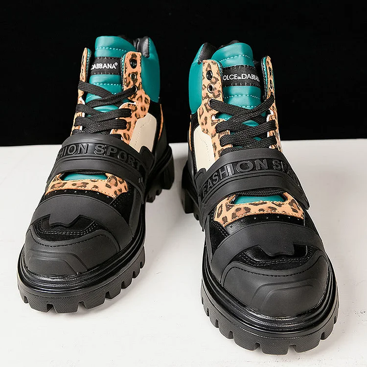 High Cut Leopard Print Short Tube Motorcycle Casual Shoes-dark style-men's clothing-halloween