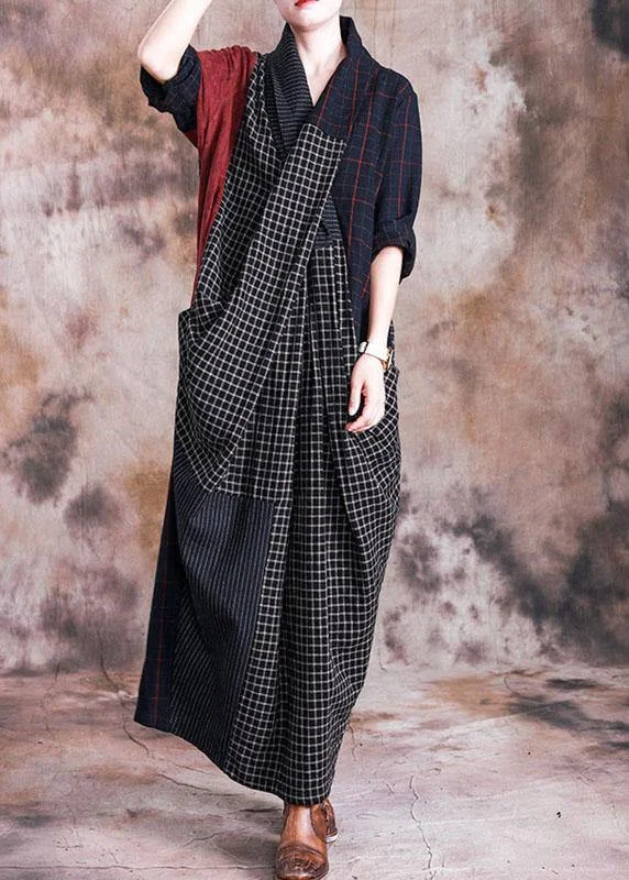 French v neck linen Long Shirts pattern plaid patchwork Dress fall