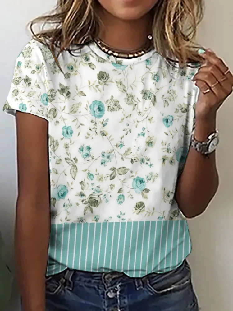 Printed Short Sleeve Casual T-shirt for  Women and Men Unisex Pattern Floral, Blue, Striped