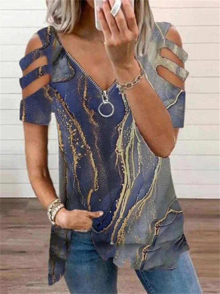 Marble Inspired Glitter Art Hollow Shoulder T Shirt
