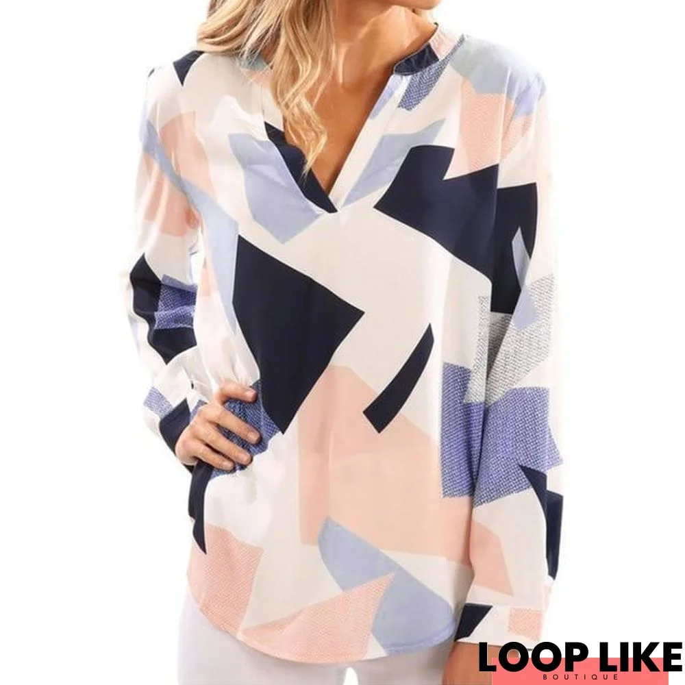 Women Casual V-Neck Geometric Print Blouse Long Sleeve Blouses Shirts