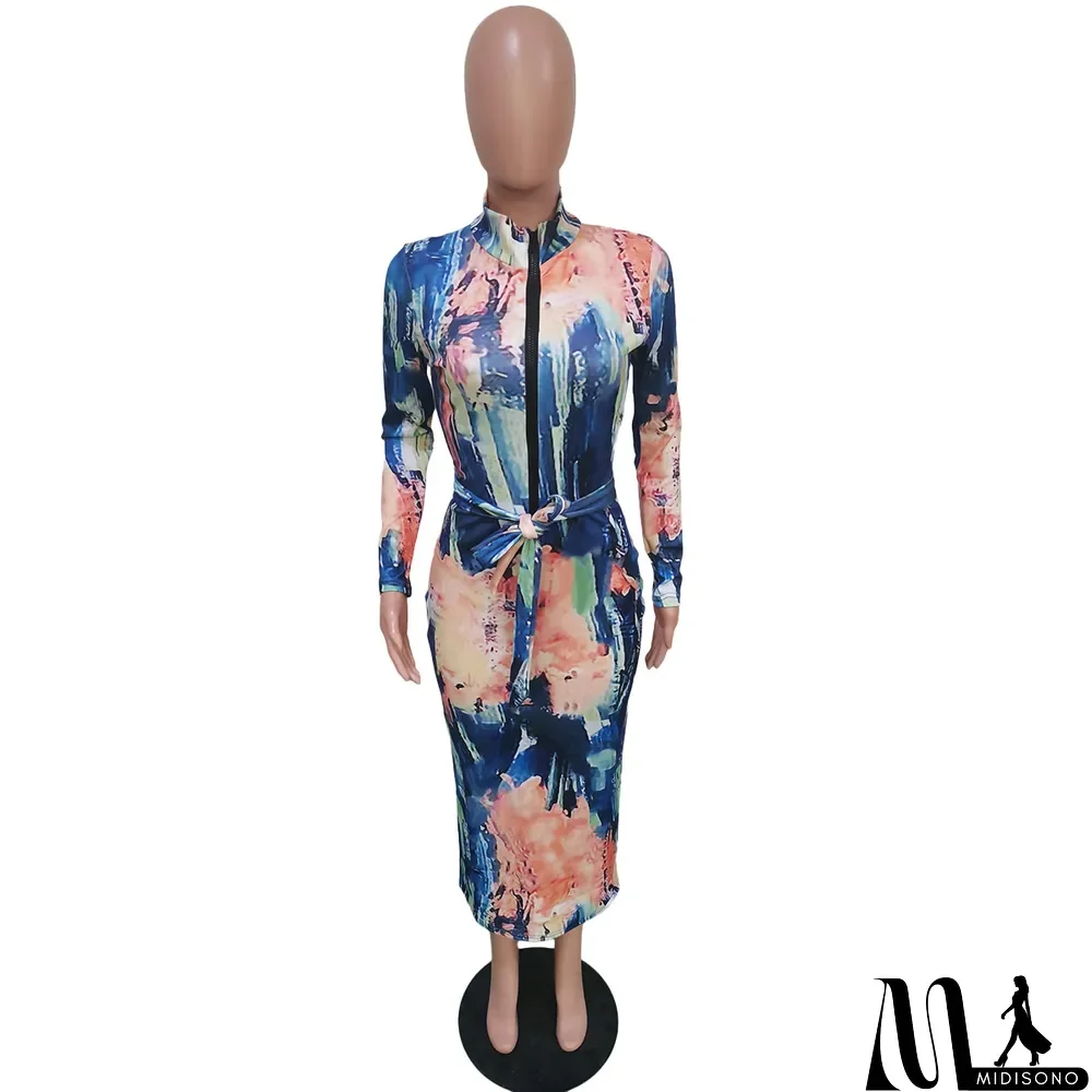 MidiSono - Women's Zip-Up Print Midi Dress (with Belt)
