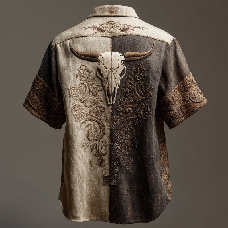Vintage Bull Skull Western Embroidered Contrast Linen Shirt