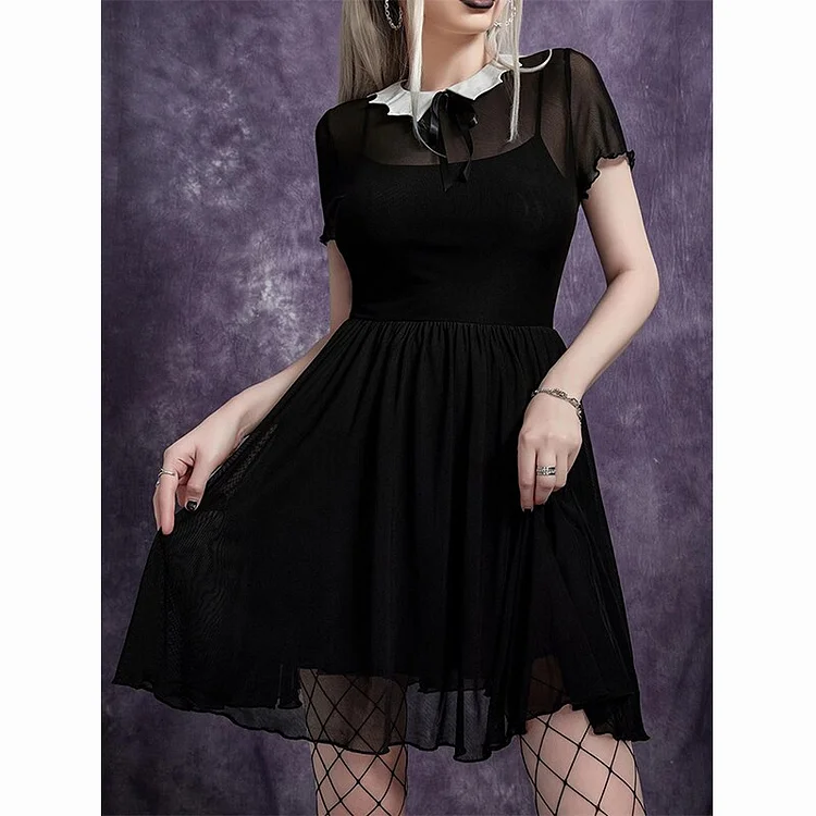 Dubeyi Dark Mesh Bat-Neck Mall Gothic Summer Dresses Grunge Short Sleeve Aesthetic Sexy A-Line Dress Women Lettuce Hem Partywear