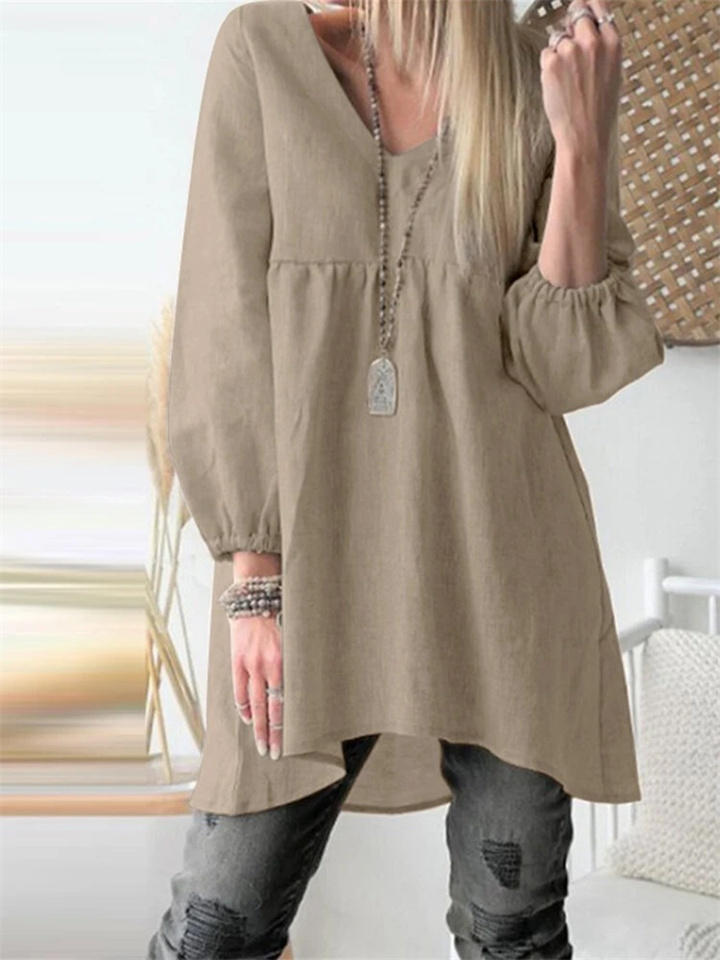 New Women's Solid Color V-neck Pleated Lantern Sleeve Blouse Casual Cotton Shirt