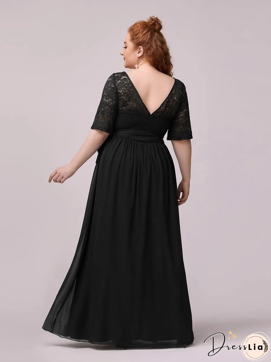 Sophisticated Lace Bodice Chiffon Maxi Evening Gown with Belt for Elegant Occasions