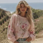 Women's Pink Rose Print Linen Blend T-shirt - Image 2