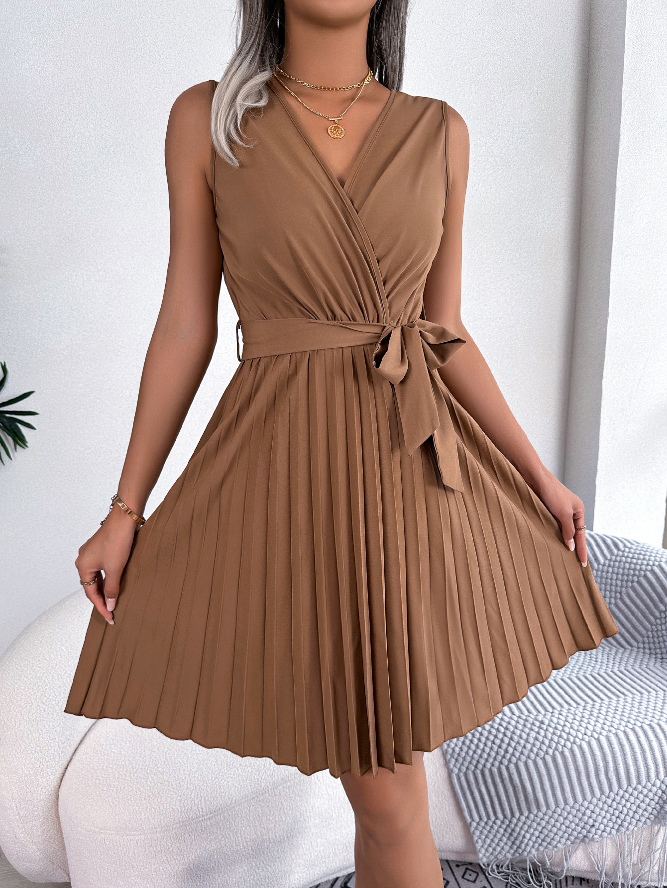 Mature Women Summer Elegant Cross V-neck Sleeveless Cinched Pleated Dress