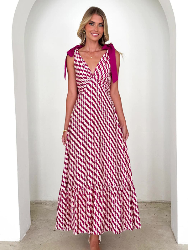 Mature Women Casual Summer Lace-up Long V-neck Sleeveless Printed Vacation Dress