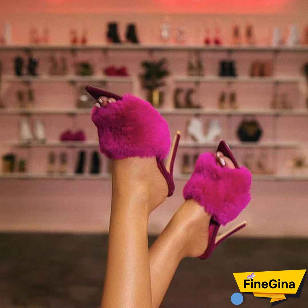 Women Shoes Rabbit Fur High Heel Sandals Slippers Luxury Sandals