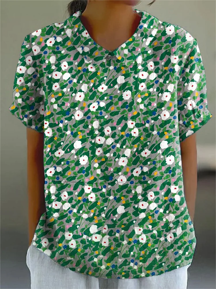 Women's  Flower  Art Print Casual Cotton And Linen Shirt
