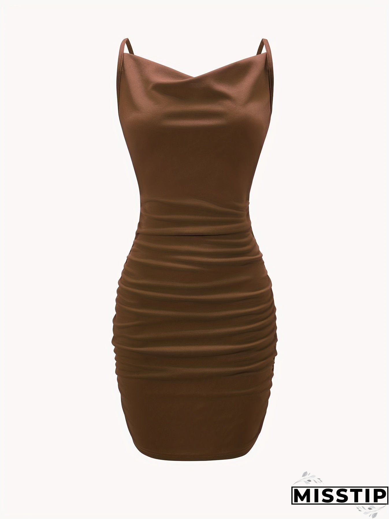 Solid Cowl Neck Mini Dress, Ruched Side Body Con Cami Dress , Women's Clothings