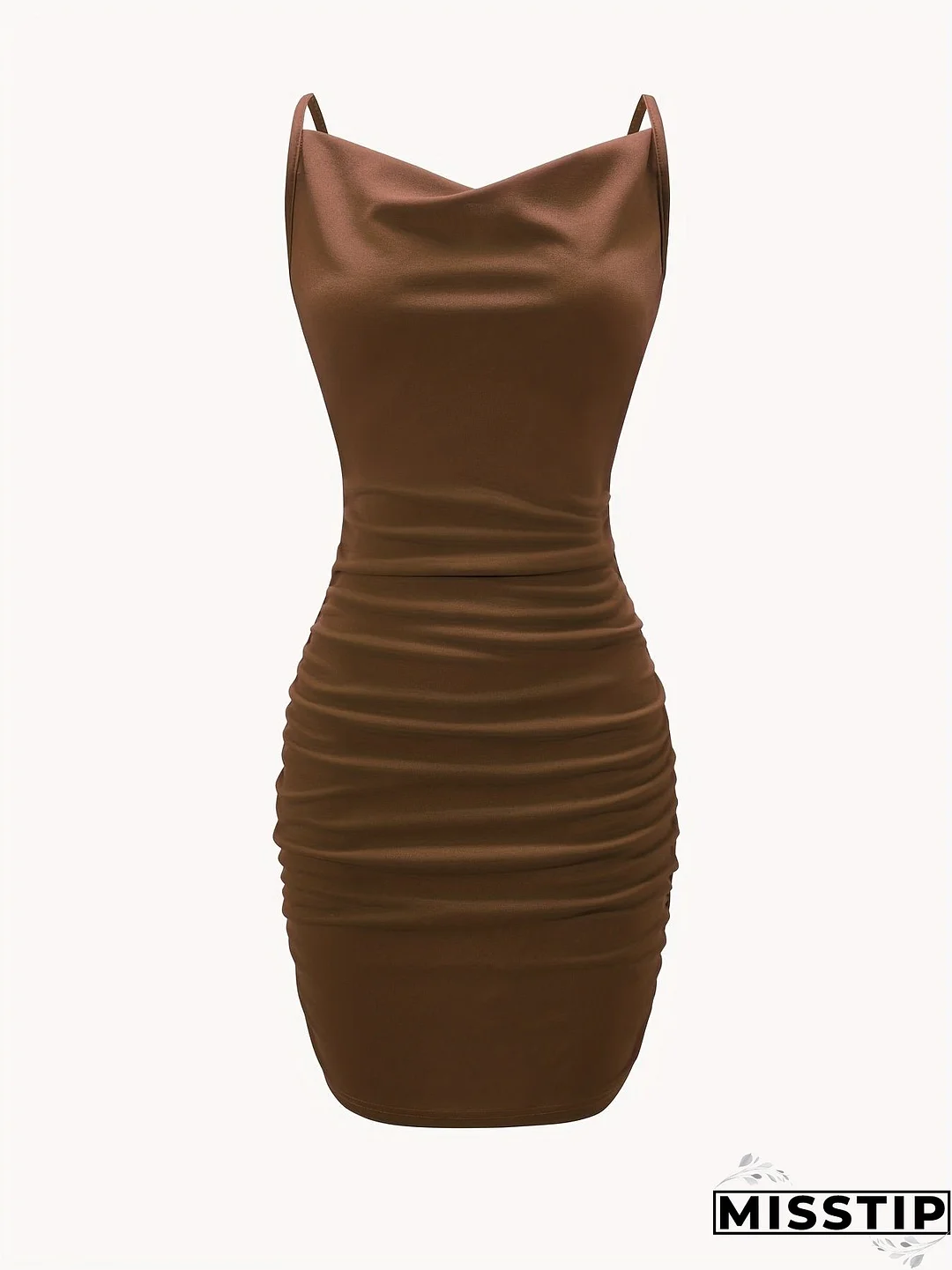 Solid Cowl Neck Mini Dress, Ruched Side Body Con Cami Dress , Women's Clothings