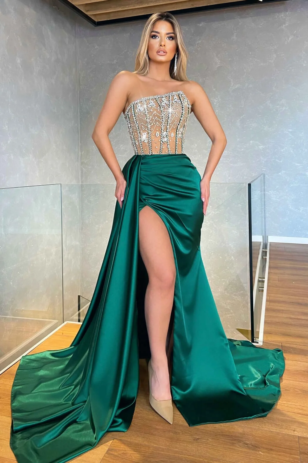 Luluslly Strapless Dark Green Prom Dress Mermaid Long Split With Crystal