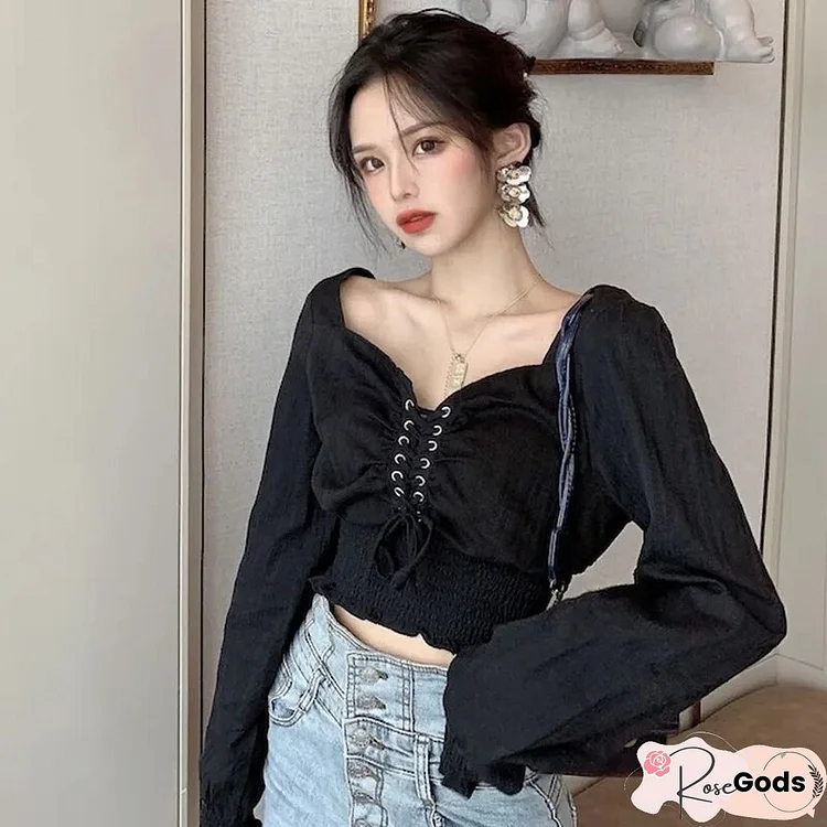 Vintage Square Collar Backless Short Women T Shirt Spring Sexy Puff Sleeve Crop Tops Casual Korean Lace Up Sweet Clothing New