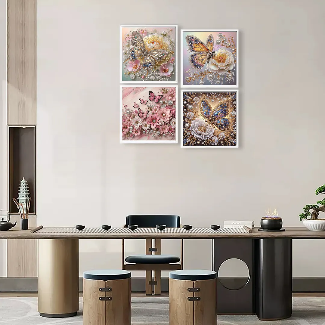 4pcs Pearl Butterfly Special Shaped 5D DIY Partial Drill Diamonds Dots Gem Art Kits for Adults Beginners Home Decor Diamonds Paintings Gem Art 30x30cm