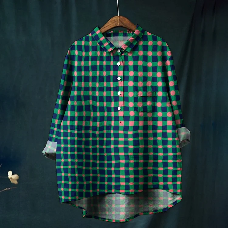 Women's Vintage Square Colorblock Print Casual Cotton And Linen Shirt