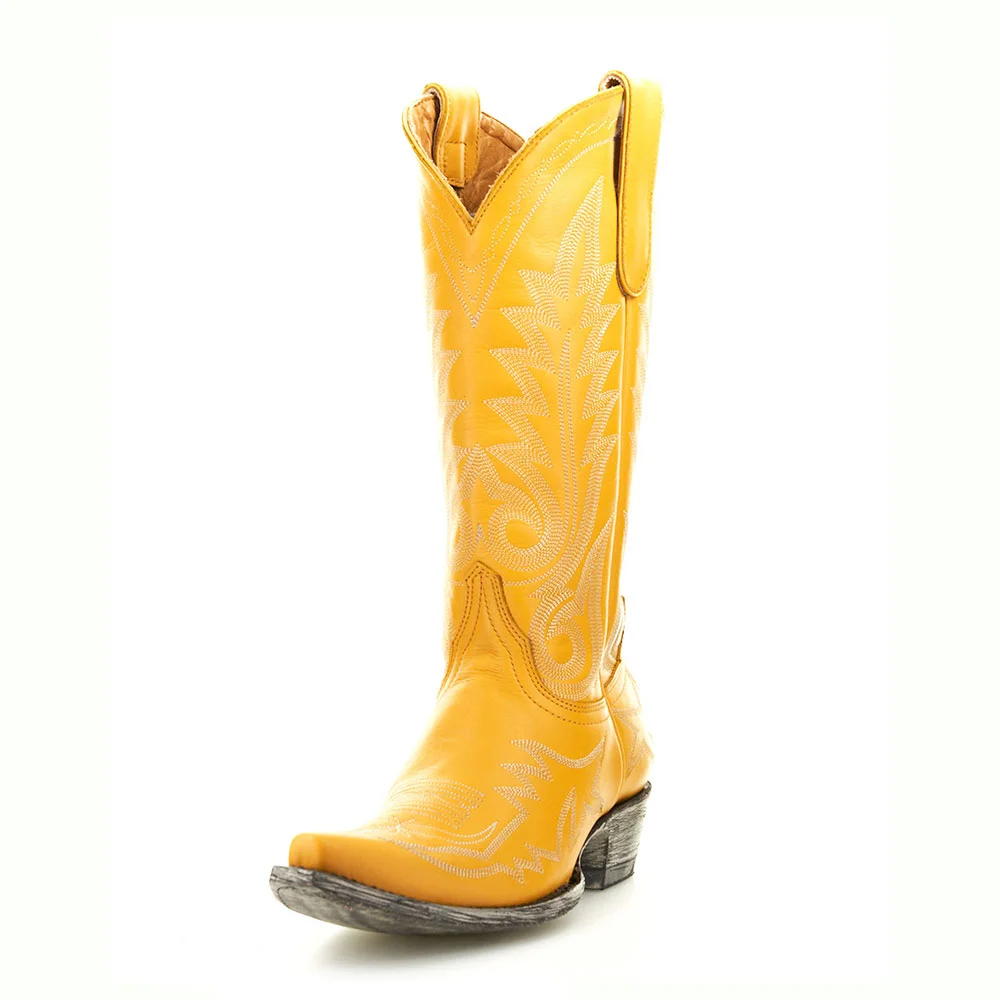 Women's Snip Toe Block Heel Embroidered Mid Calf Yellow Cowgirl Boots