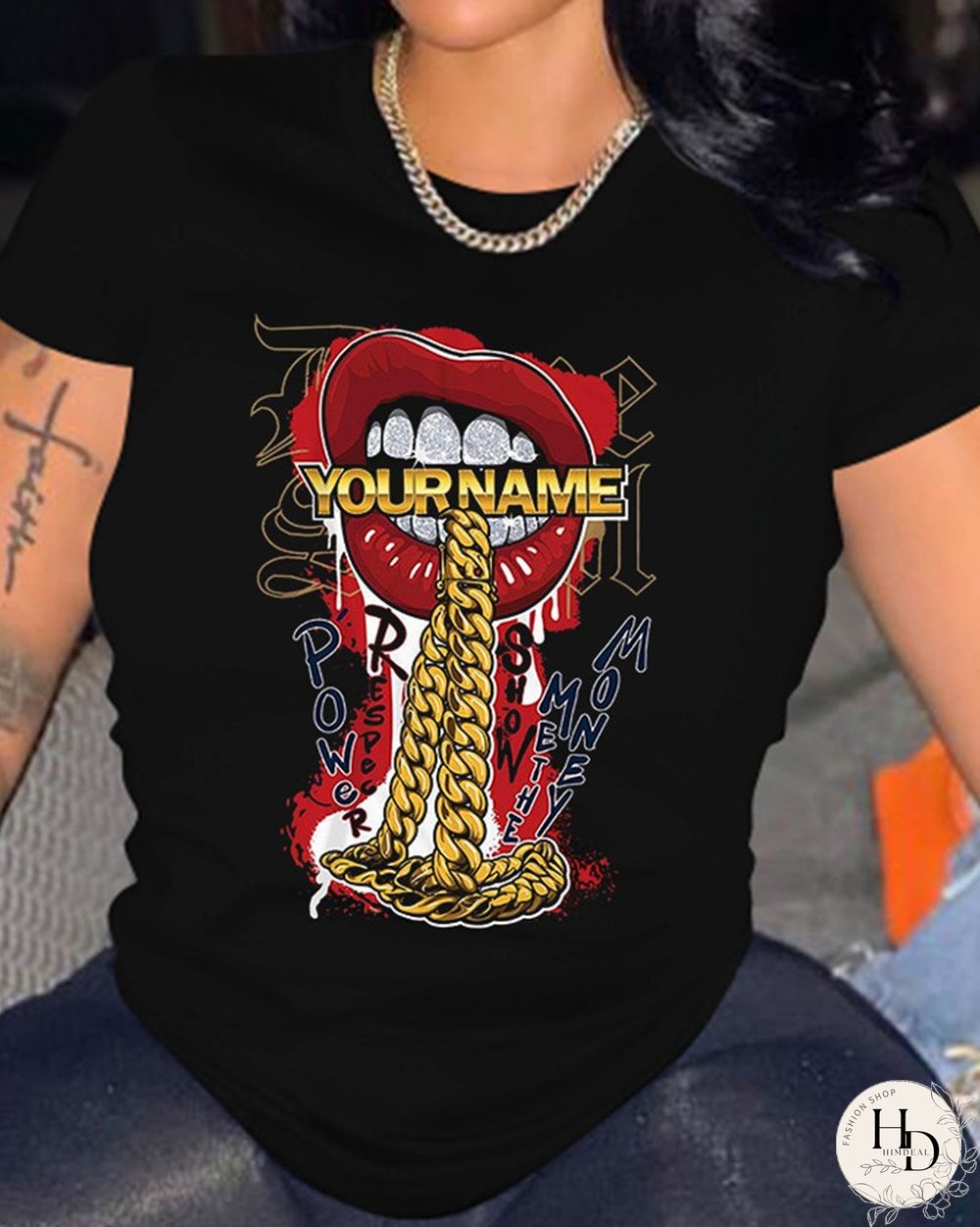 Round Neck Chain Lip Letter Print Tee