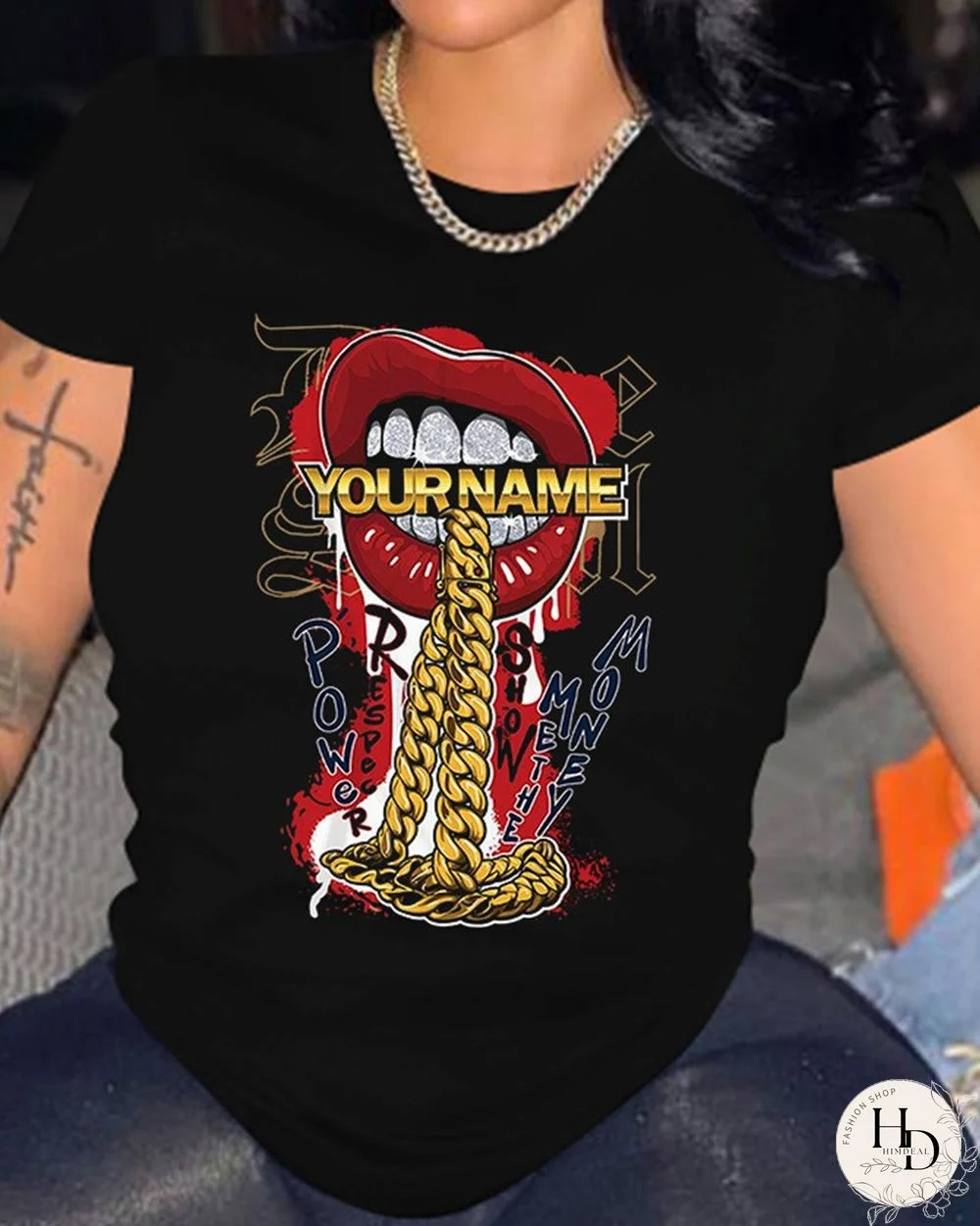 Round Neck Chain Lip Letter Print Tee