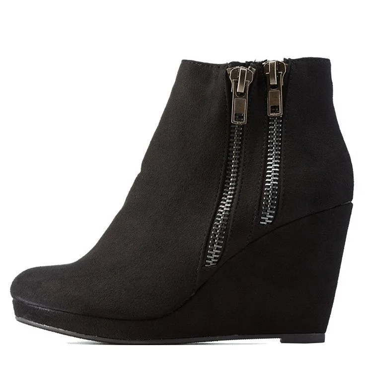 Black Suede Double Zips Platform Wedge Booties |FSJ Shoes