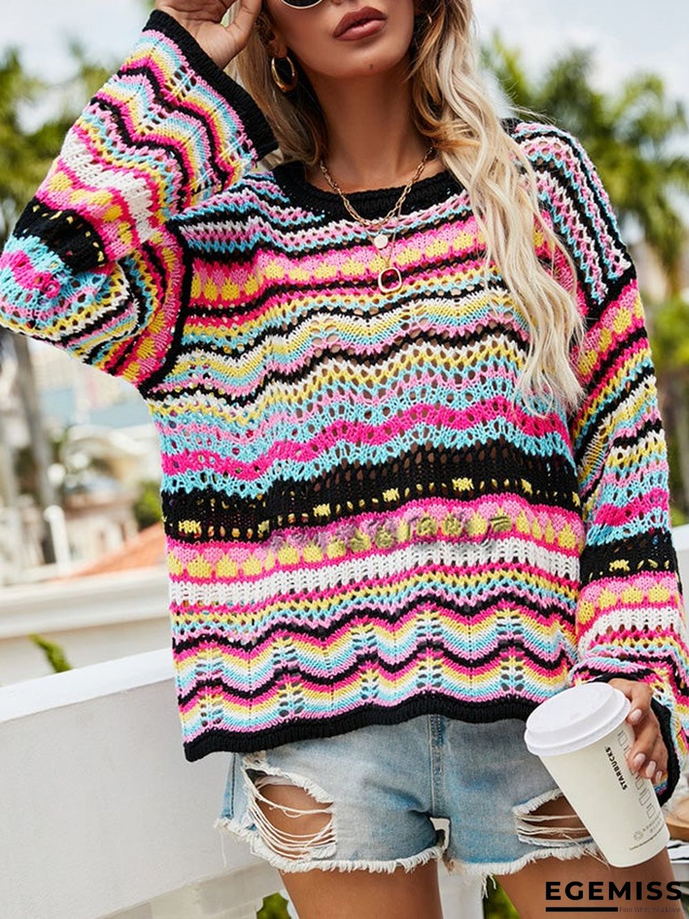 Autumn/Winter's New Stitched Loose-fitting Round-neck Striped Sweater | EGEMISS