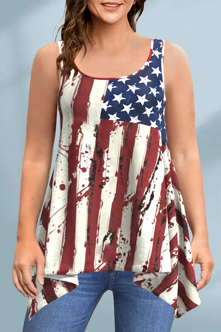 Flycurvy Plus Size Casual Red Stars And Stripes Print Asymmetrical Hem Tank Top