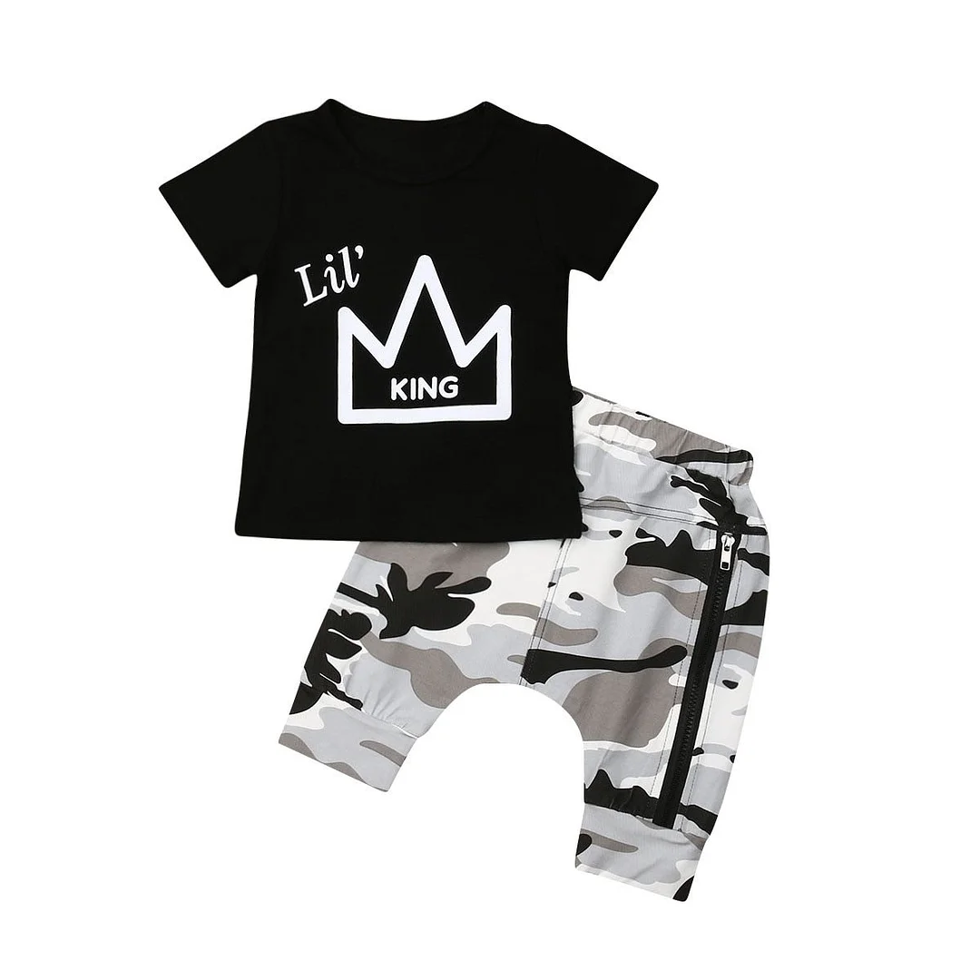 2019 Baby Summer Clothing Toddler Kids Baby Boys Crown Print Tops T-shirt Camo Zip Pants Fashion Outfits 2pcs Set Clothes