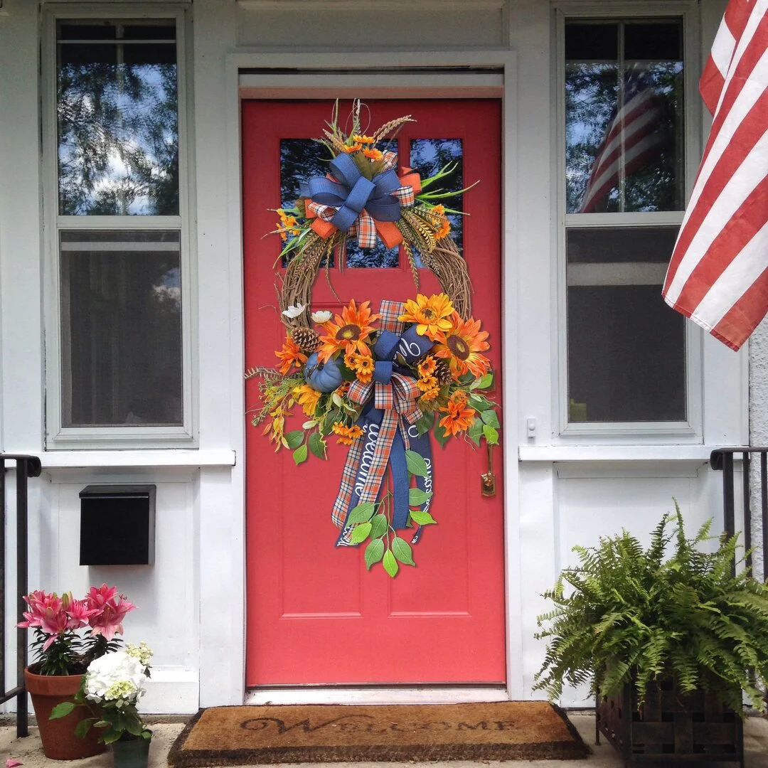 Blue Autumn Pumpkin Swag Fall Door Wreath