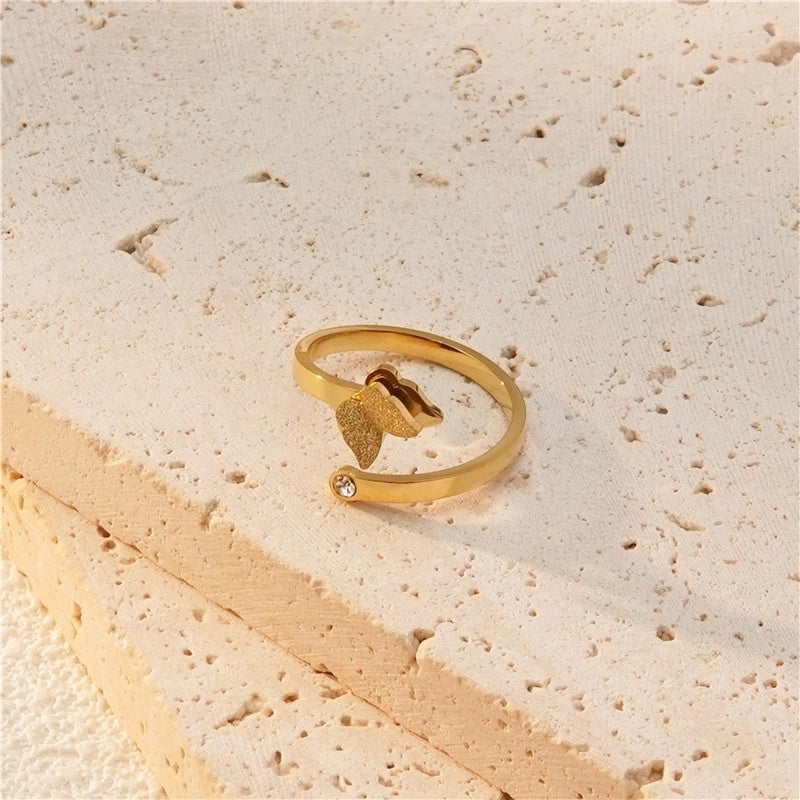 Sweet Minimalist Butterfly 304 Stainless Steel Artificial Rhinestones 18K Gold Plated Plating Butterfly Open Rings