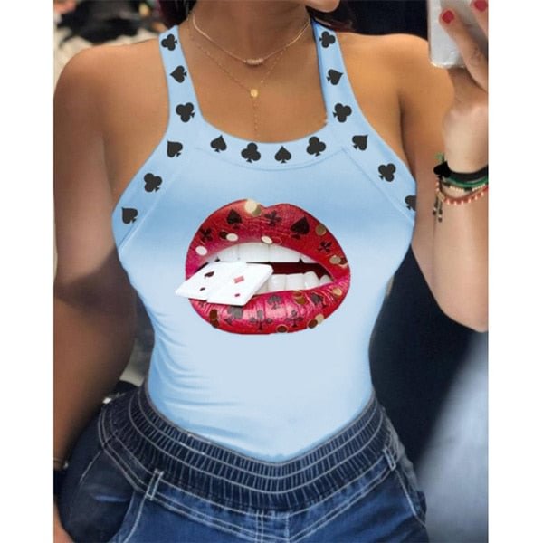 Womens Tops Sleeveless Slim Fit Tshirts Summer Sexy Ladies Harajuku Shirts Streetwear Casual Polyester Tank Top Lips Print