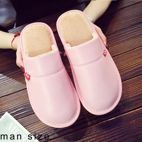 Leather Couple Shoes Autumn Winter home slippers Man Fashion Big size indoor Waterproof Men slippers with fur soft socofy