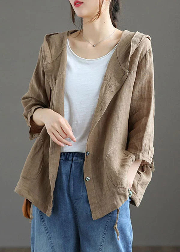 Handmade Dark Khaki Pockets Patchwork Linen Thin Hoodie Coat Summer